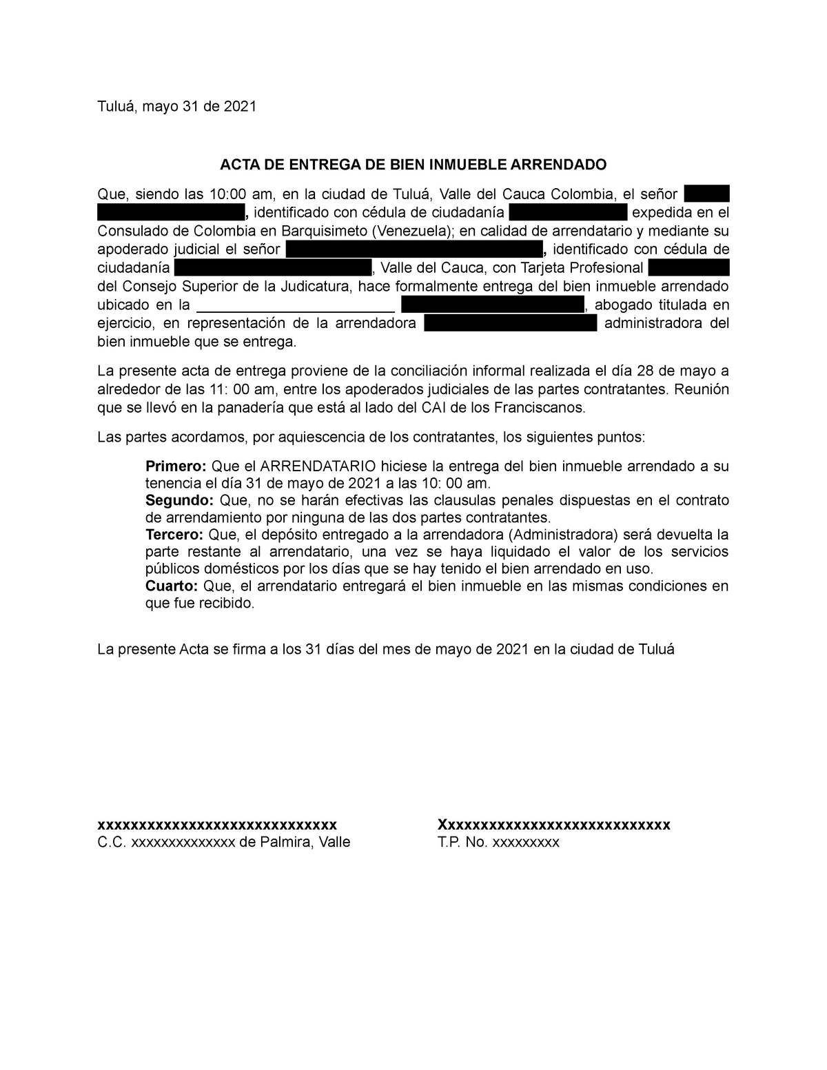 Minuta- Borrador ACTA DE Entrega DE BIEN Inmueble Arrendado - Derecho civil  - UCEVA - Studocu
