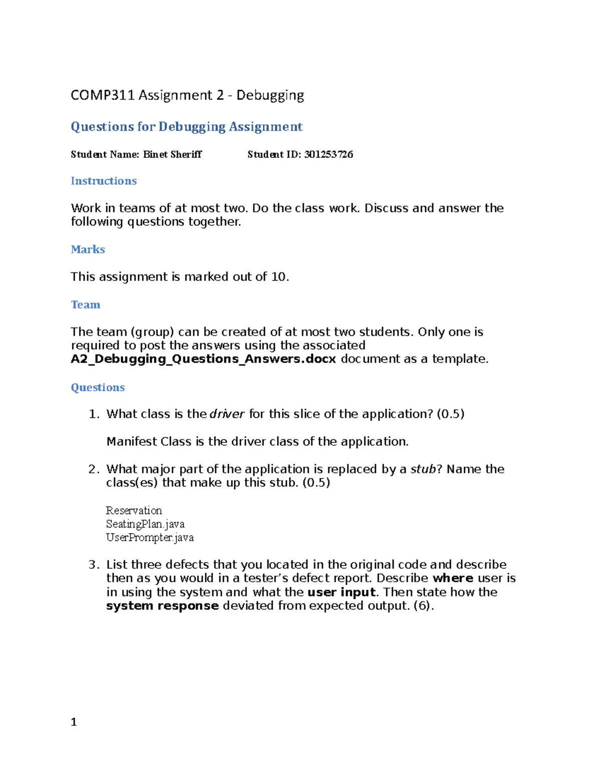 A2 Debugging Questions Answers - COMP311 Assignment 2 - Debugging ...