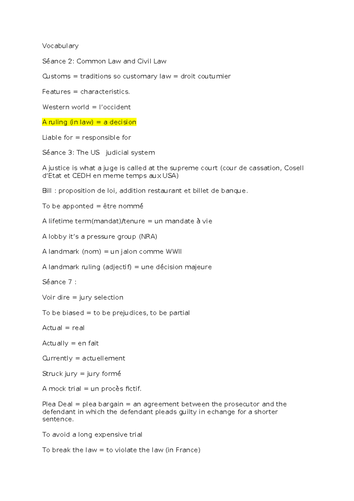 Anglais - Vocabulary Séance 2: Common Law and Civil Law Customs ...