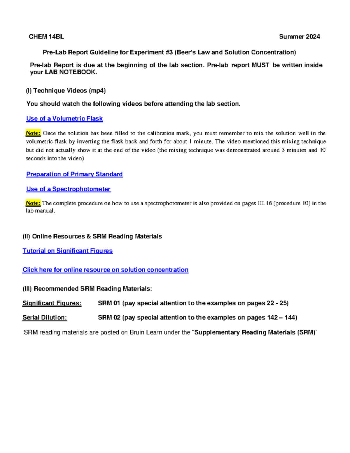 Beer-Lambert Law Prelab Summer 2024 - Pre-Lab Report Guideline for ...