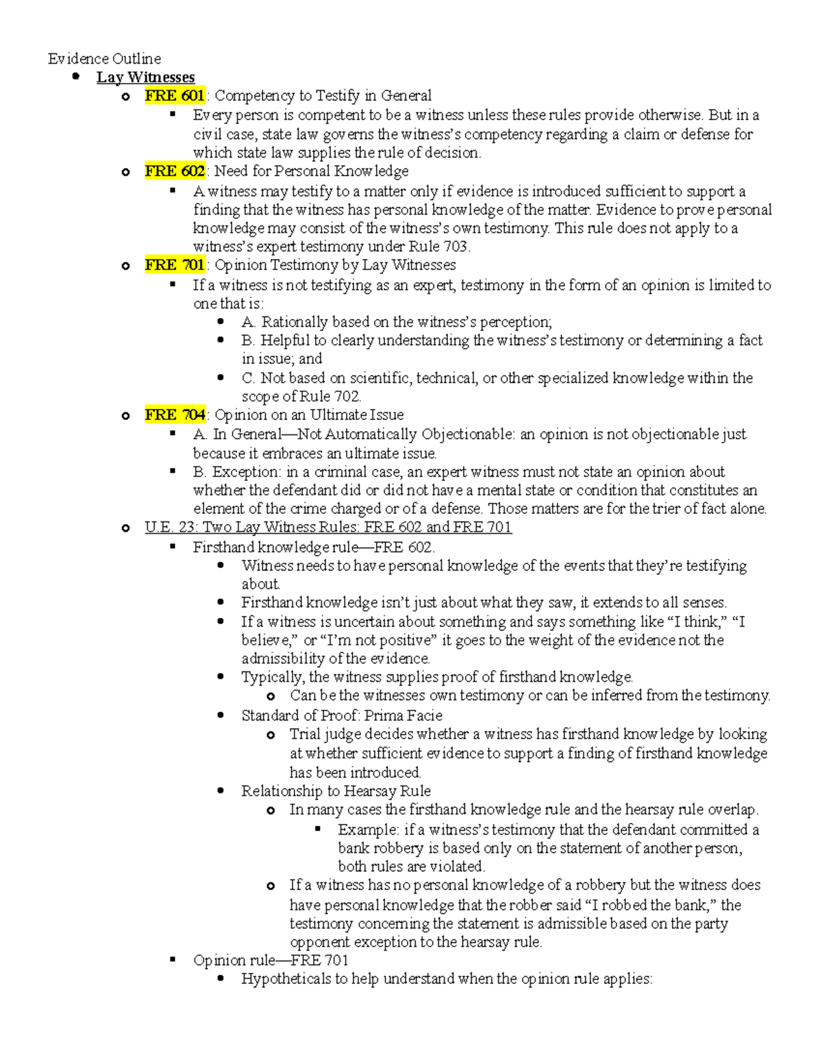 Evidence Carpenter - Evidence Outline Lay Witnesses o FRE 601 ...