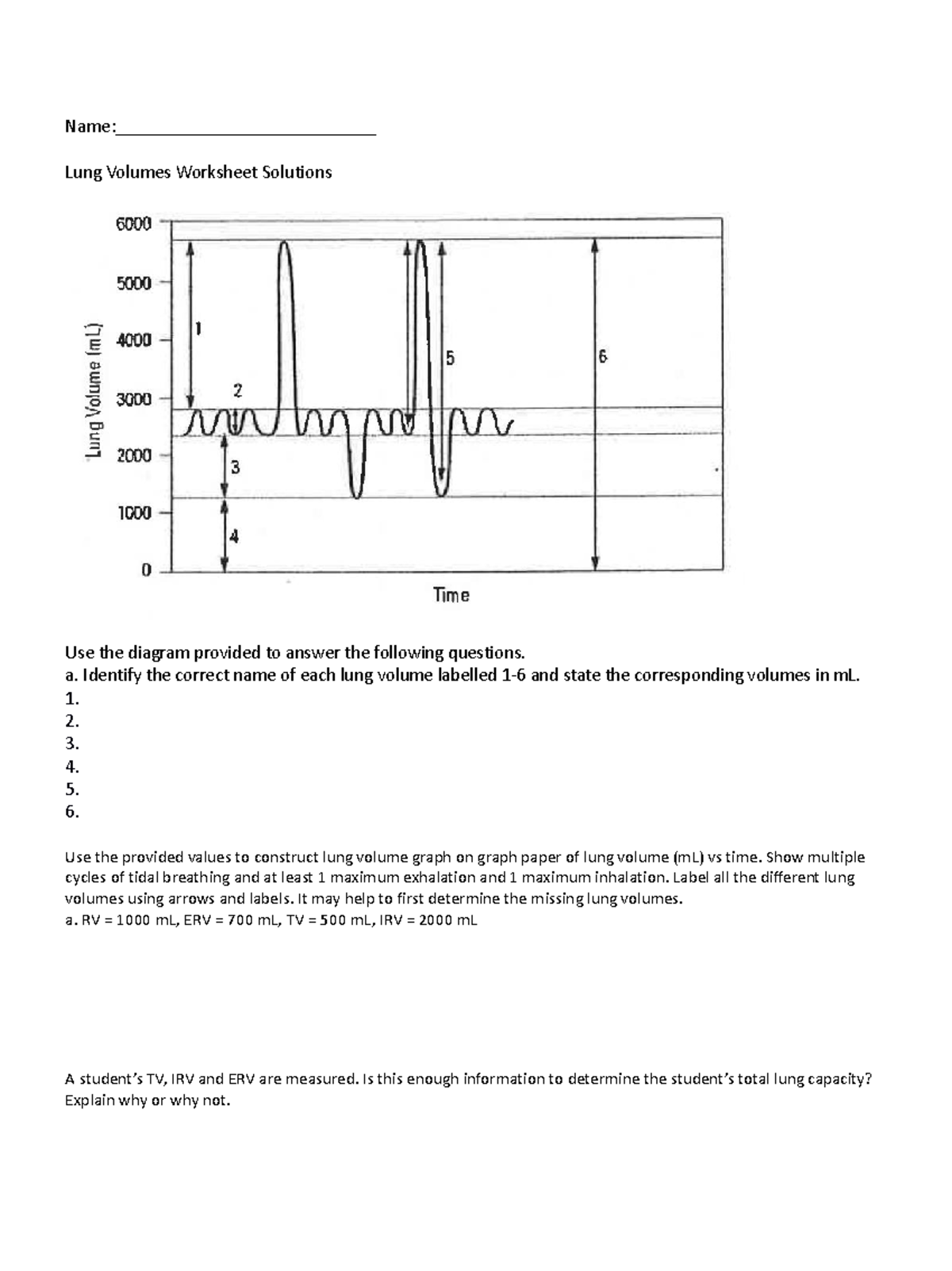 Lung Volumes Worksheet Solutions - Name ...