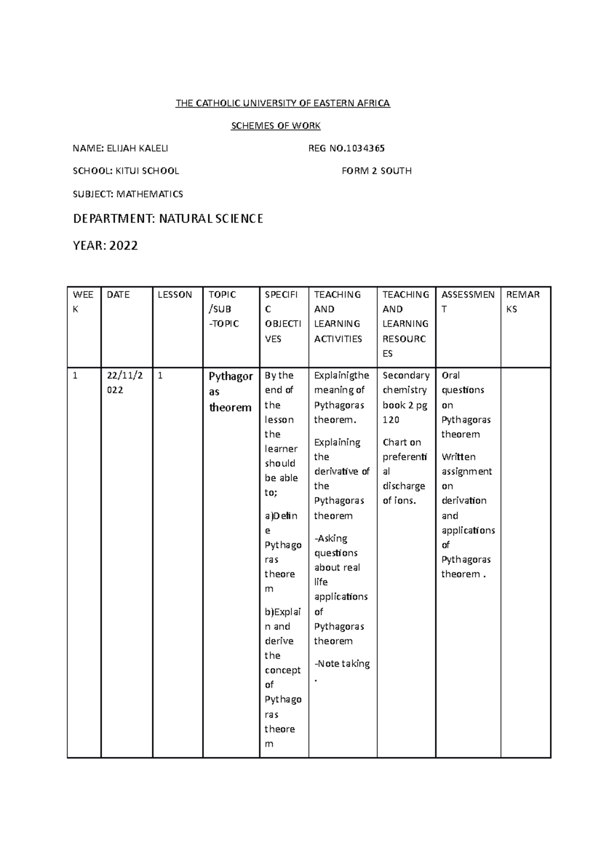Scheme Of Work 1O34365 THE CATHOLIC UNIVERSITY OF EASTERN AFRICA