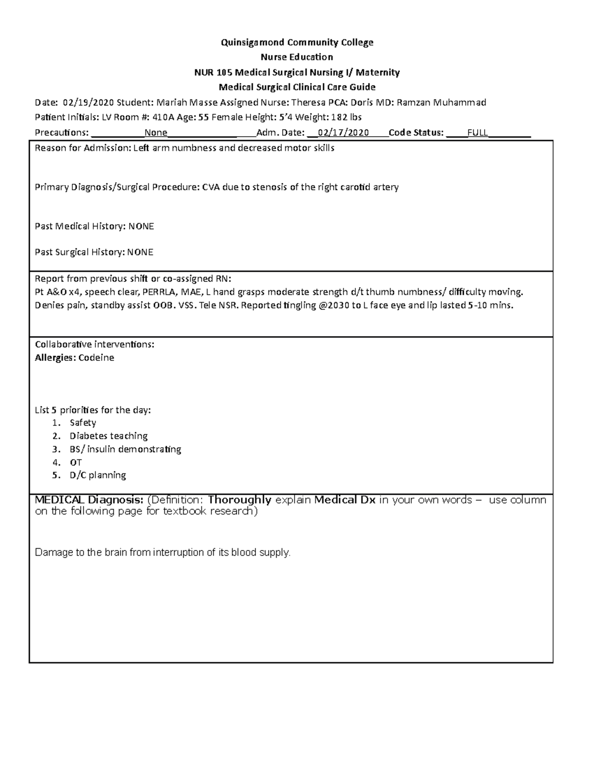 NUR 105 Clinical Care Guide 2 - Quinsigamond Community College Nurse ...
