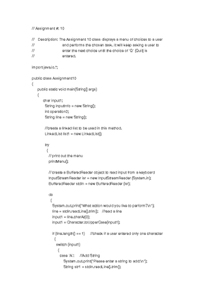 Assignment 10Linkedlist - // A linked list is a sequence of nodes with ...