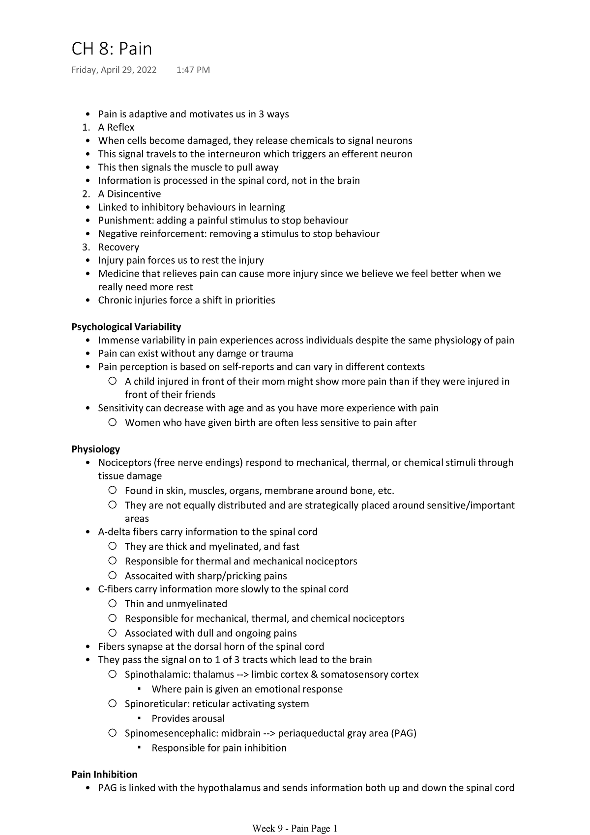 PSYC 2P92 Week 9 - CH 8 Pain - Pain is adaptive and motivates us in 3 ...