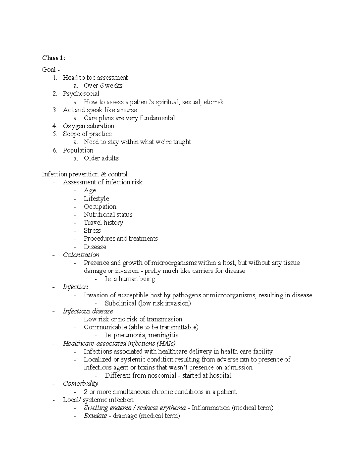 NURS 222 Final Notes - Sahar Nouredini - Class 1: Goal - 1. Head to toe ...