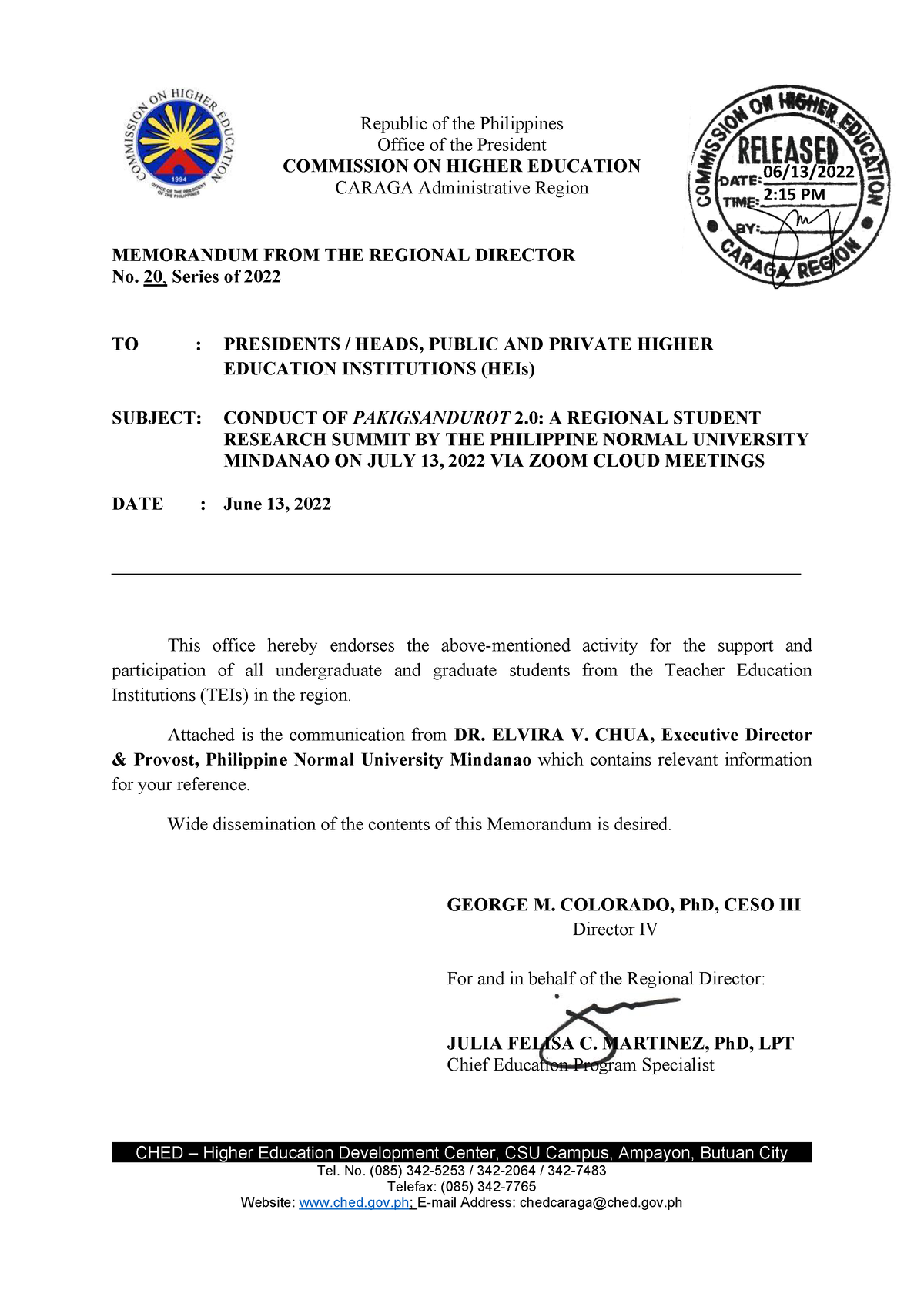 2206-0674.Memo from RD Conduct OF Pakigsandurot 2 - CHED – Higher ...