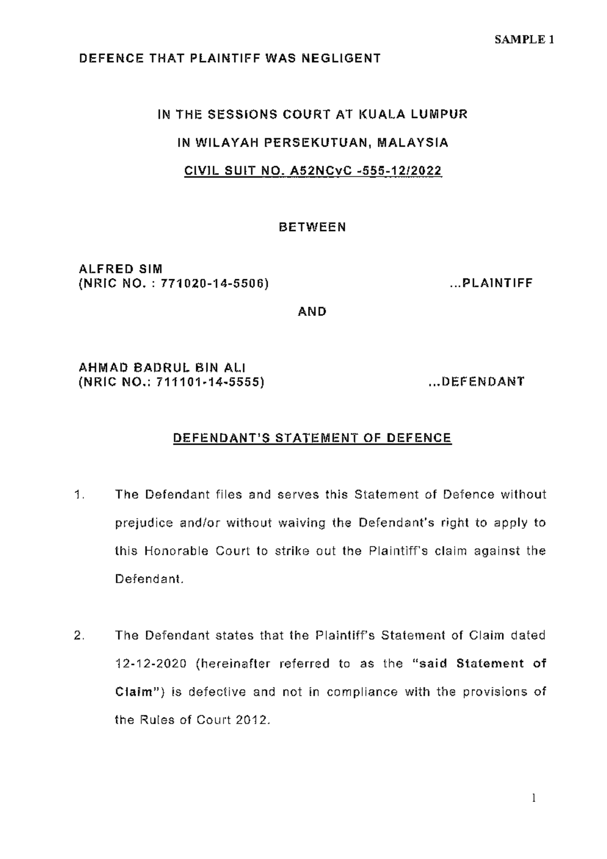 Sample 1- Defence -Plaintiff Neg - Legal Skills - Studocu