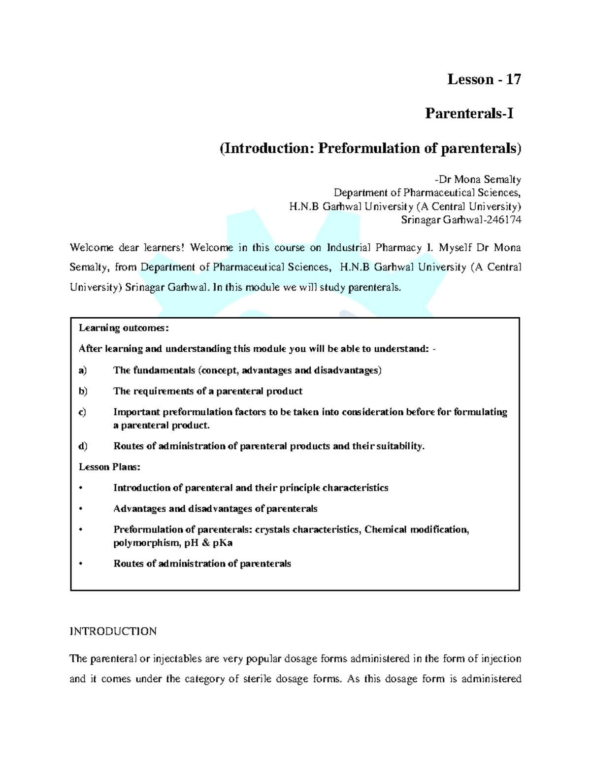 Parenterals I Introduction, Preformulation of parenterals - Lesson - 17 ...