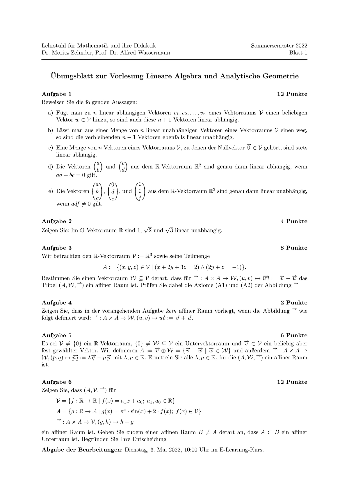 Ana Geo Blatt 01 - Lineare Algebra Und Analytische Geometrie ...