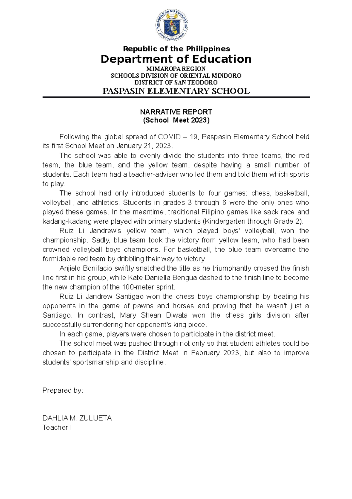 Narrative Report Dahlia Zulueta - Republic of the Philippines ...