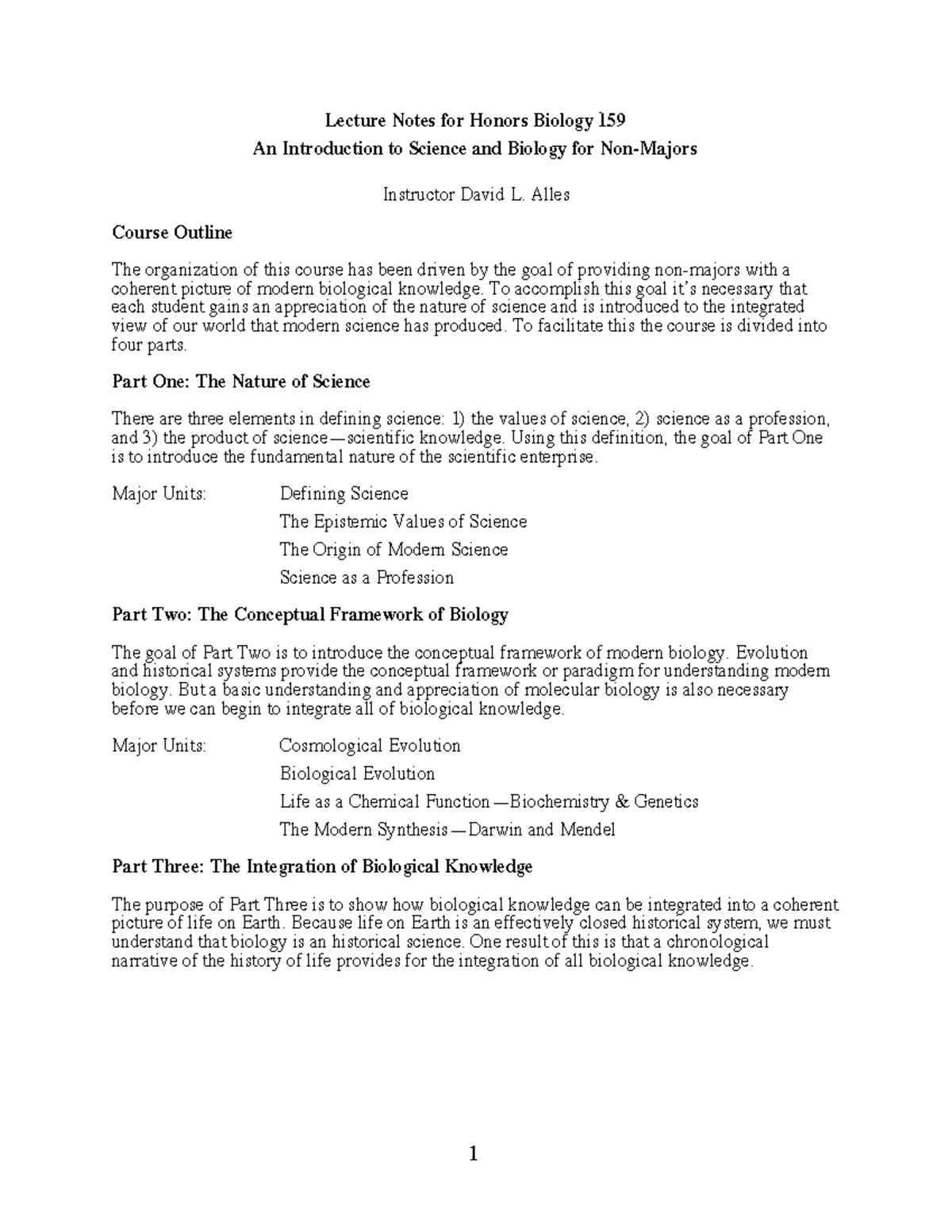 Biology Honors-1 - 1 Lecture Notes For Honors Biology 159 An ...