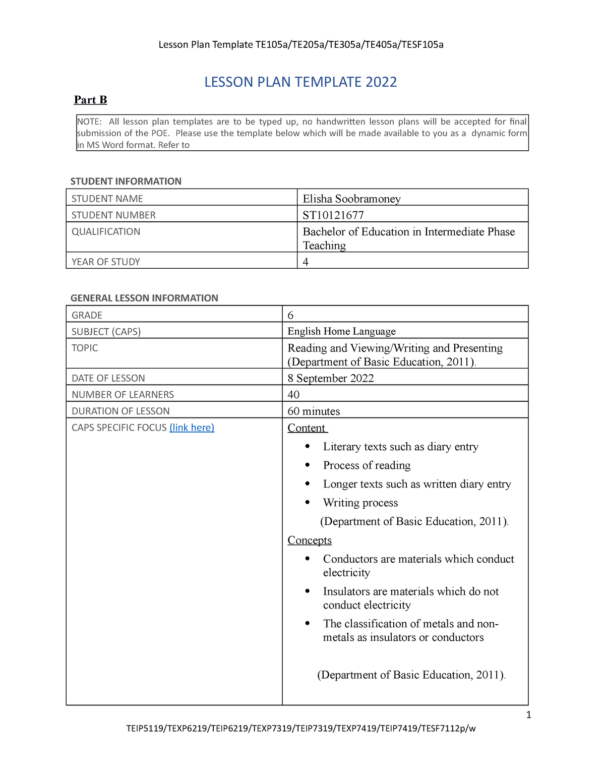 FOED SA Lesson Plan - LESSON PLAN TEMPLATE 2022 Part B NOTE: All lesson ...