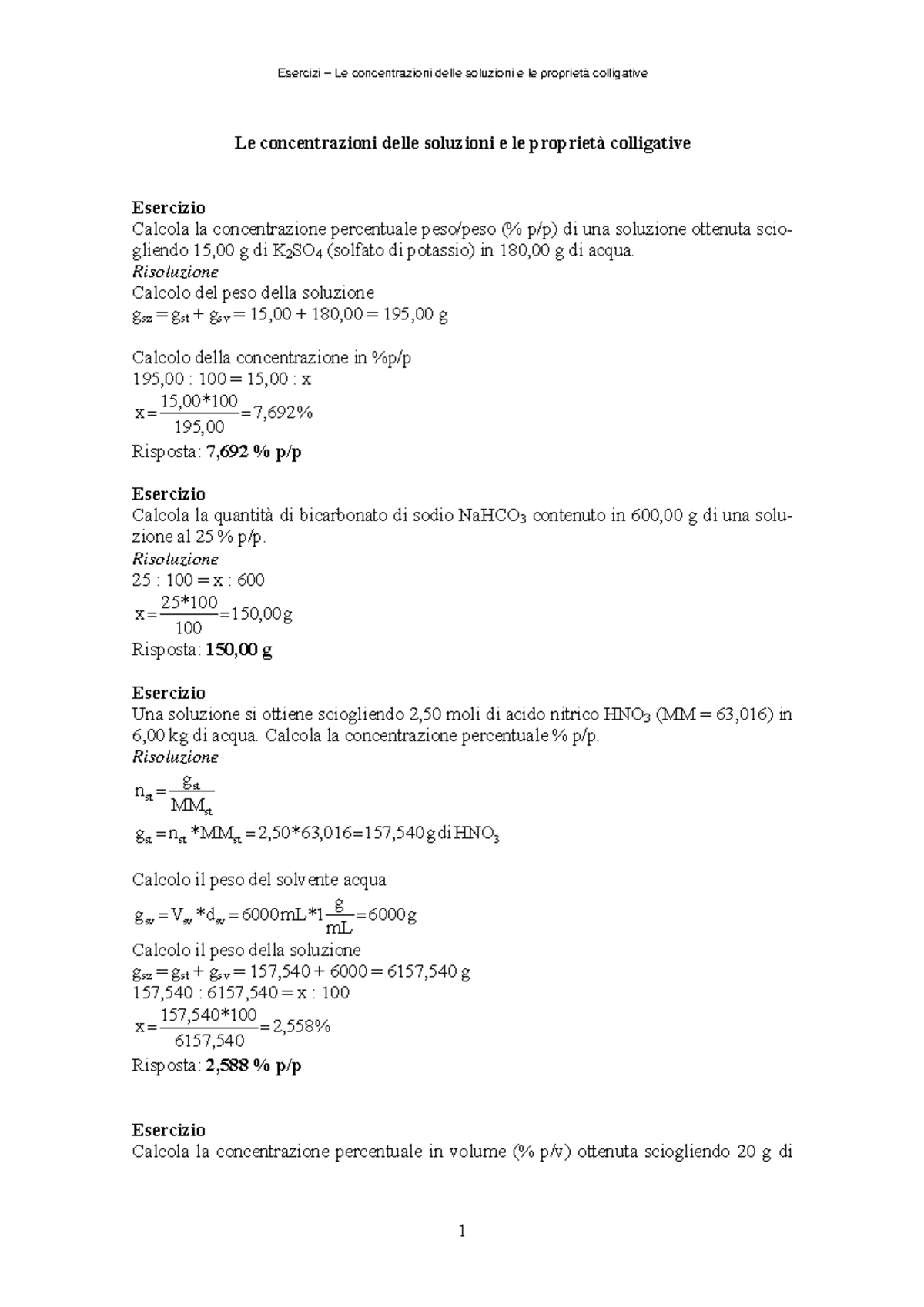 Es Esercizi Soluzioni Esercizi Le Concentrazioni Delle Soluzioni