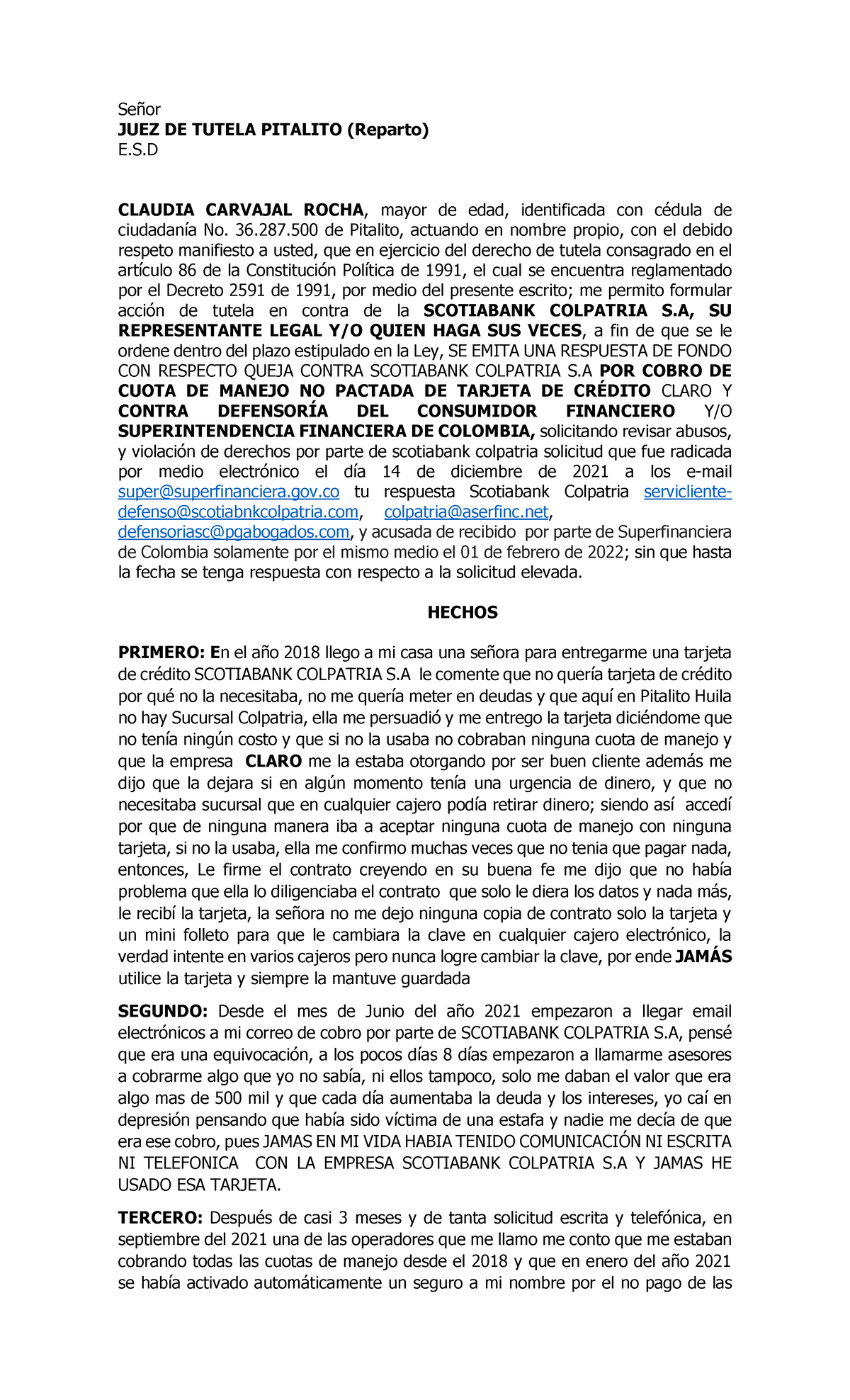 Accion DE Tutela Colpatria - Derecho Constitucional Colombiano - USCO ...