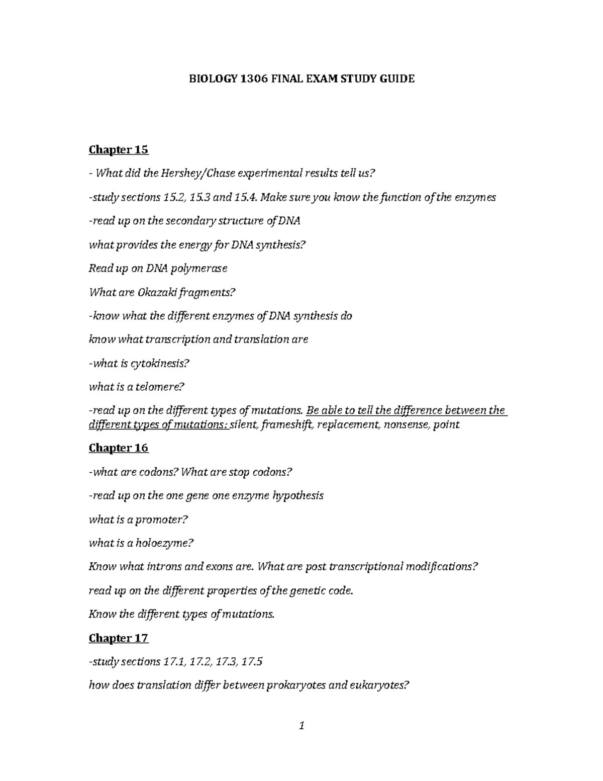 Biology 1306 Final EXAM Study Guide Fall - BIOLOGY 1306 FINAL EXAM STUDY GUIDE Chapter 15 What ...