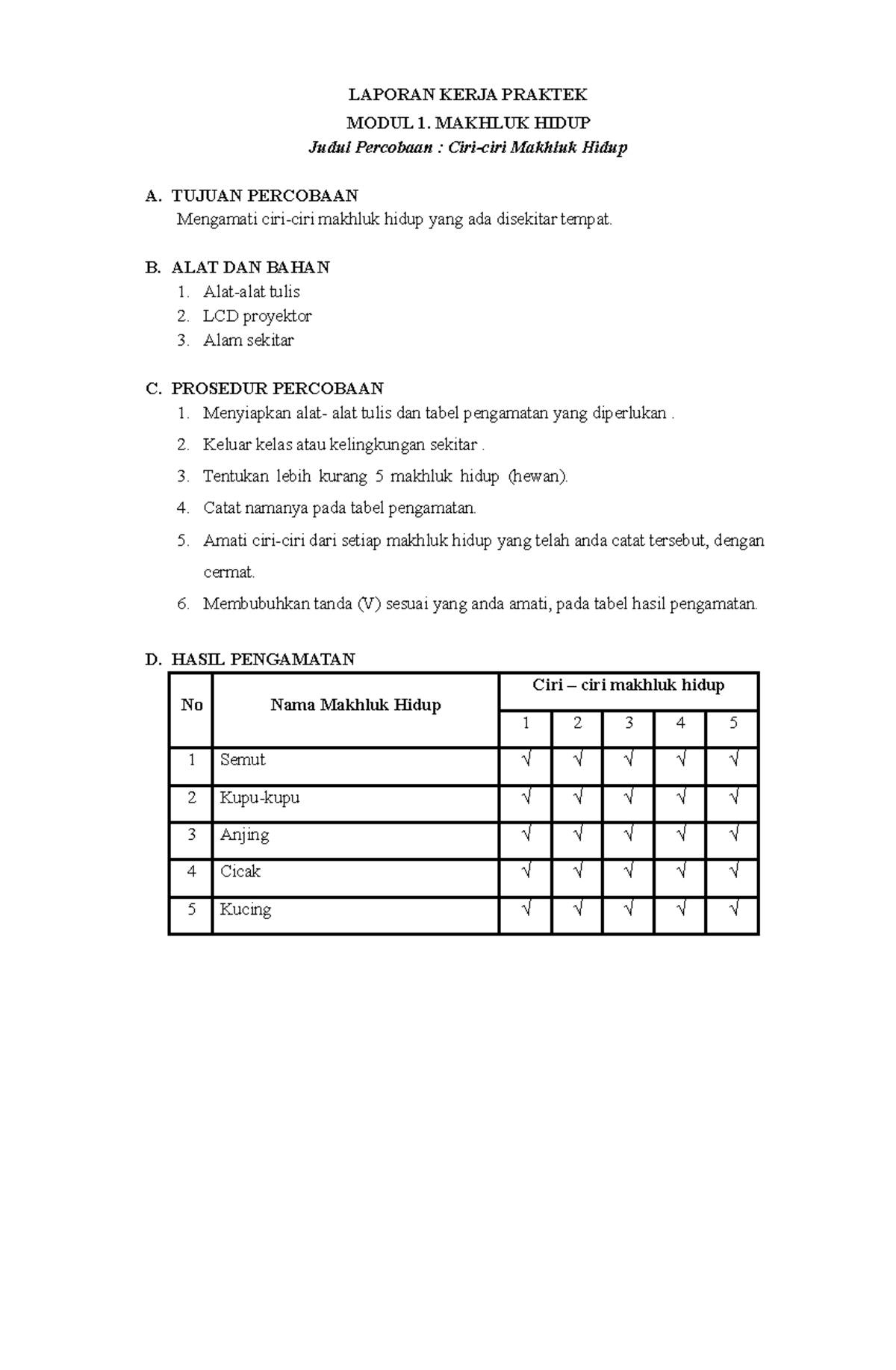 Ciri Ciri Makhluk Hidup (tugas IPA) - LAPORAN KERJA PRAKTEK MODUL 1 ...