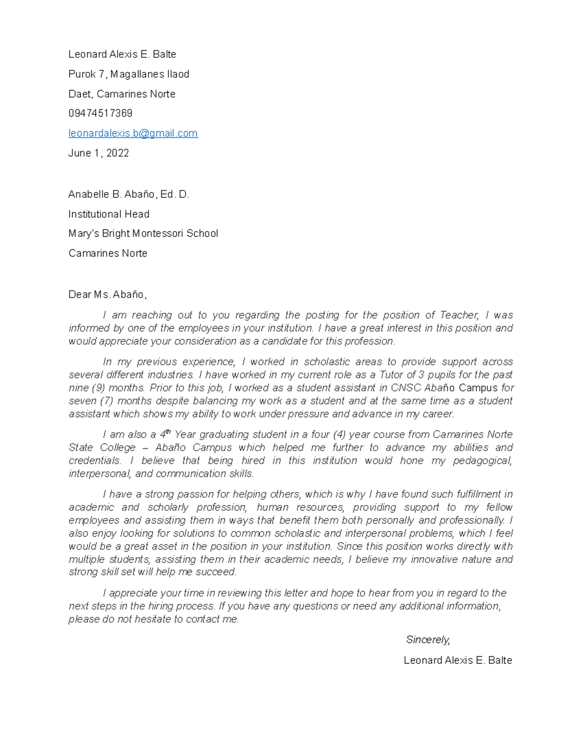 Application Letter for employment - ED - Leonard Alexis E. Balte Purok ...