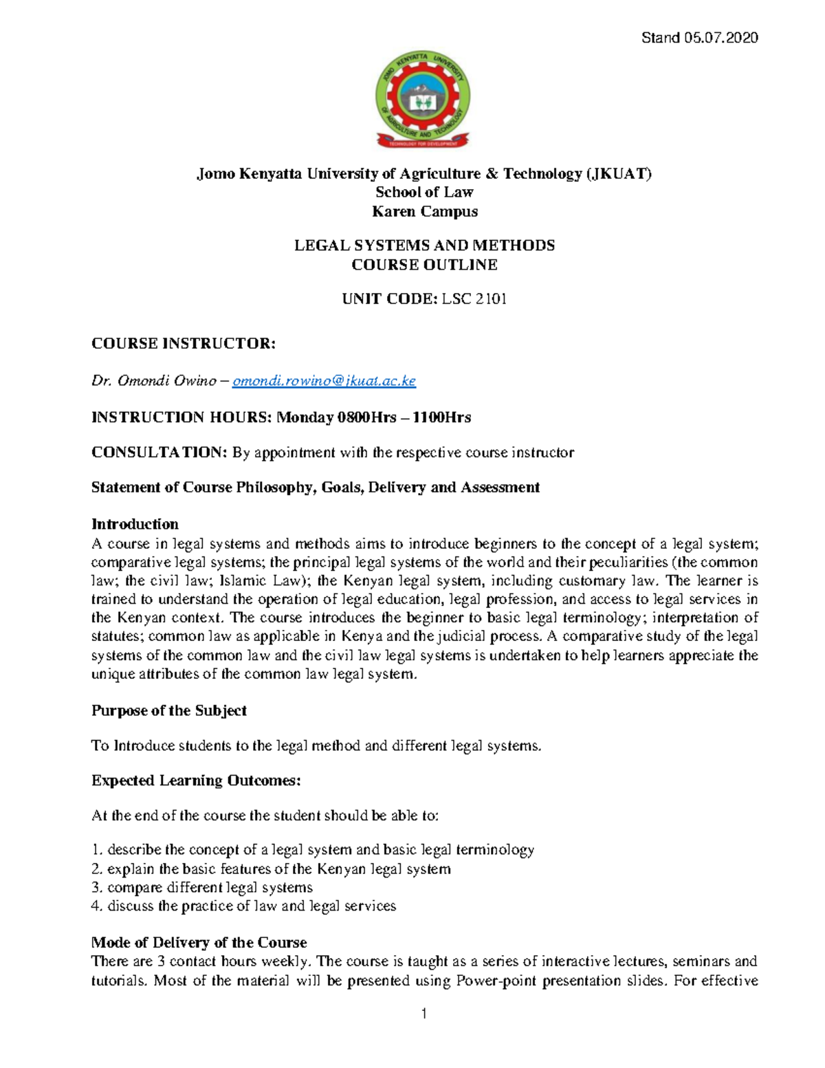 1. Course Outline Jomo Kenyatta University of Agriculture