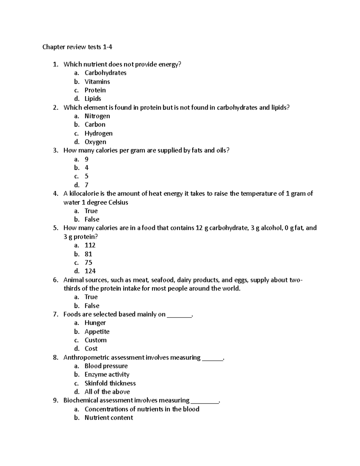 Chapter review tests 1-4 - Chapter review tests 1- Which nutrient does ...