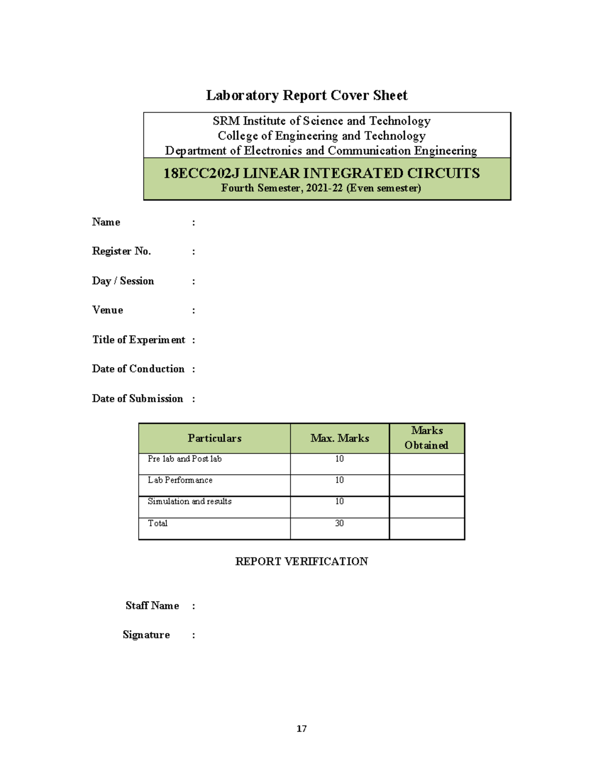 LIC lab manual - Laboratory Report Cover Sheet SRM Institute of Science ...