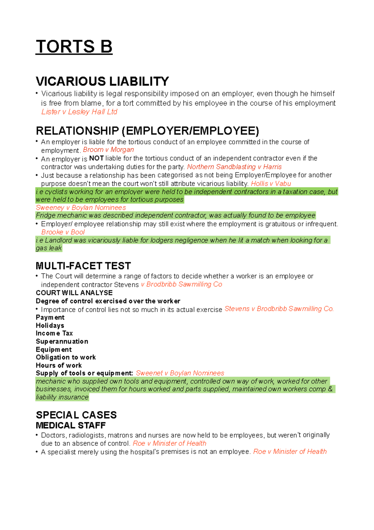 Lecture Notes, Lecture Torts B Notes Rn - TORTS B VICARIOUS LIABILITY ...