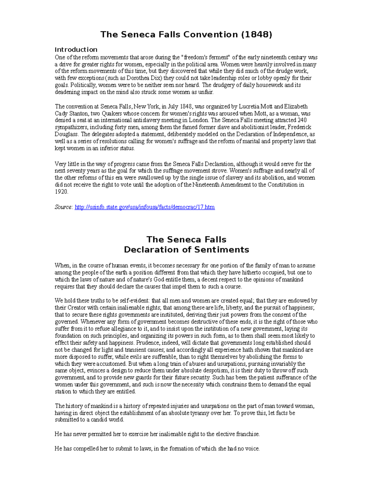 Seneca Falls Worksheet The Seneca Falls Convention (1848