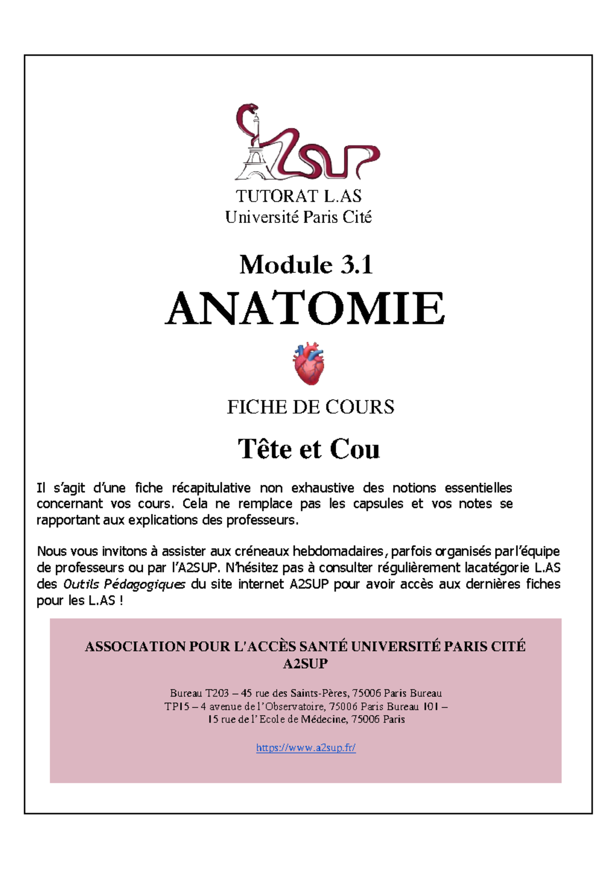 Anatomie - Fiche 2, TÃªte Et Cou - TUTORAT L Université Paris Cité ...