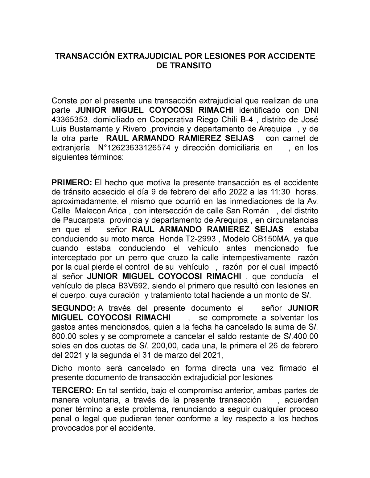 Modelo DE Transacción Extrajudicial - TRANSACCIÓN EXTRAJUDICIAL POR  LESIONES POR ACCIDENTE DE - Studocu