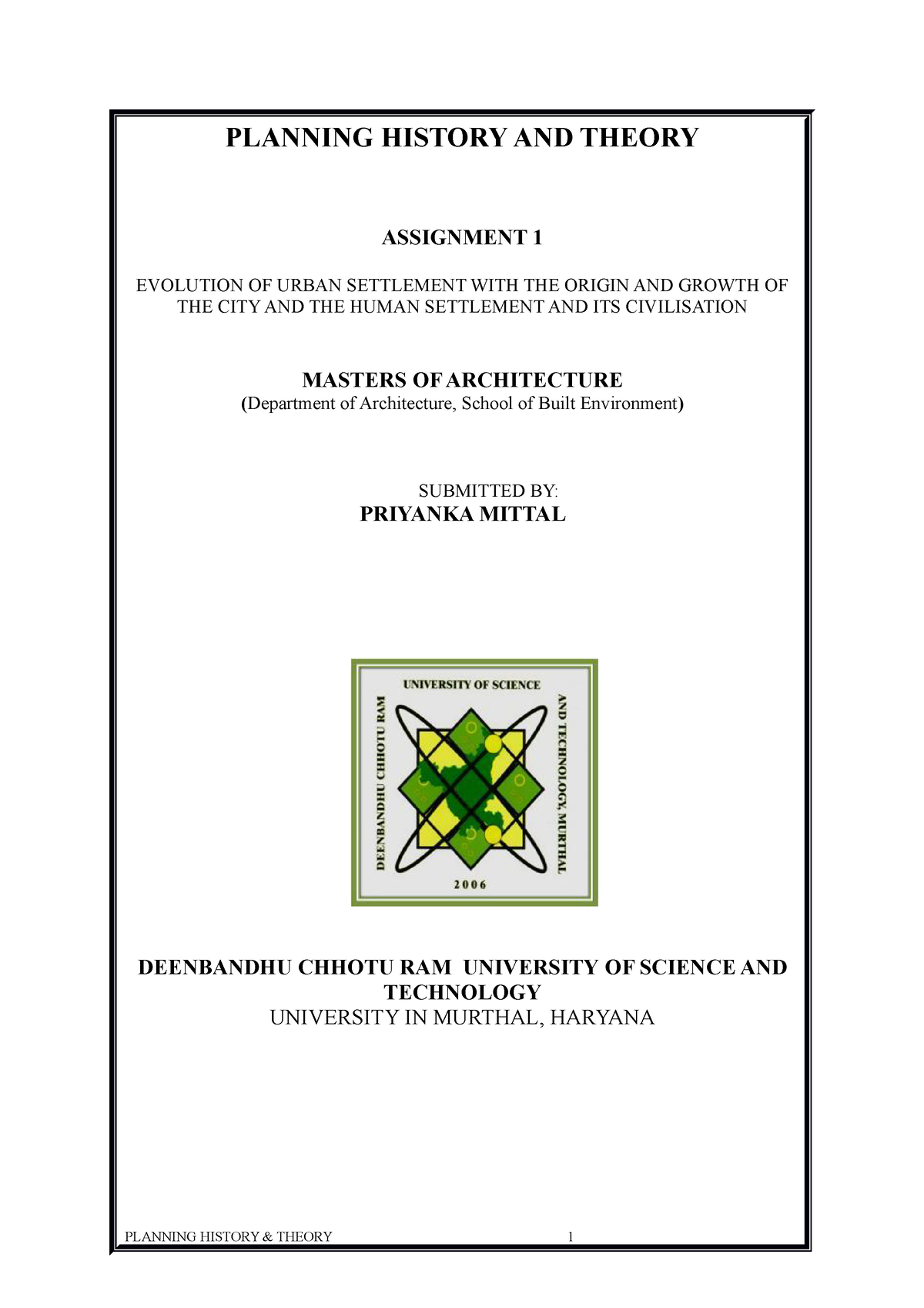 Assignment 1 - DETAIL INFO ON HUMAN SETTLEMENT - PLANNING HISTORY AND ...