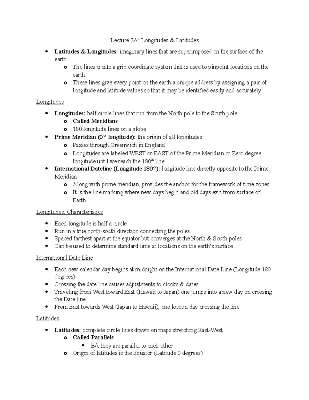 GEOG Lectures 2A-2B - Lecture Notes 2A-2B - Lecture 2A: Longitudes ...