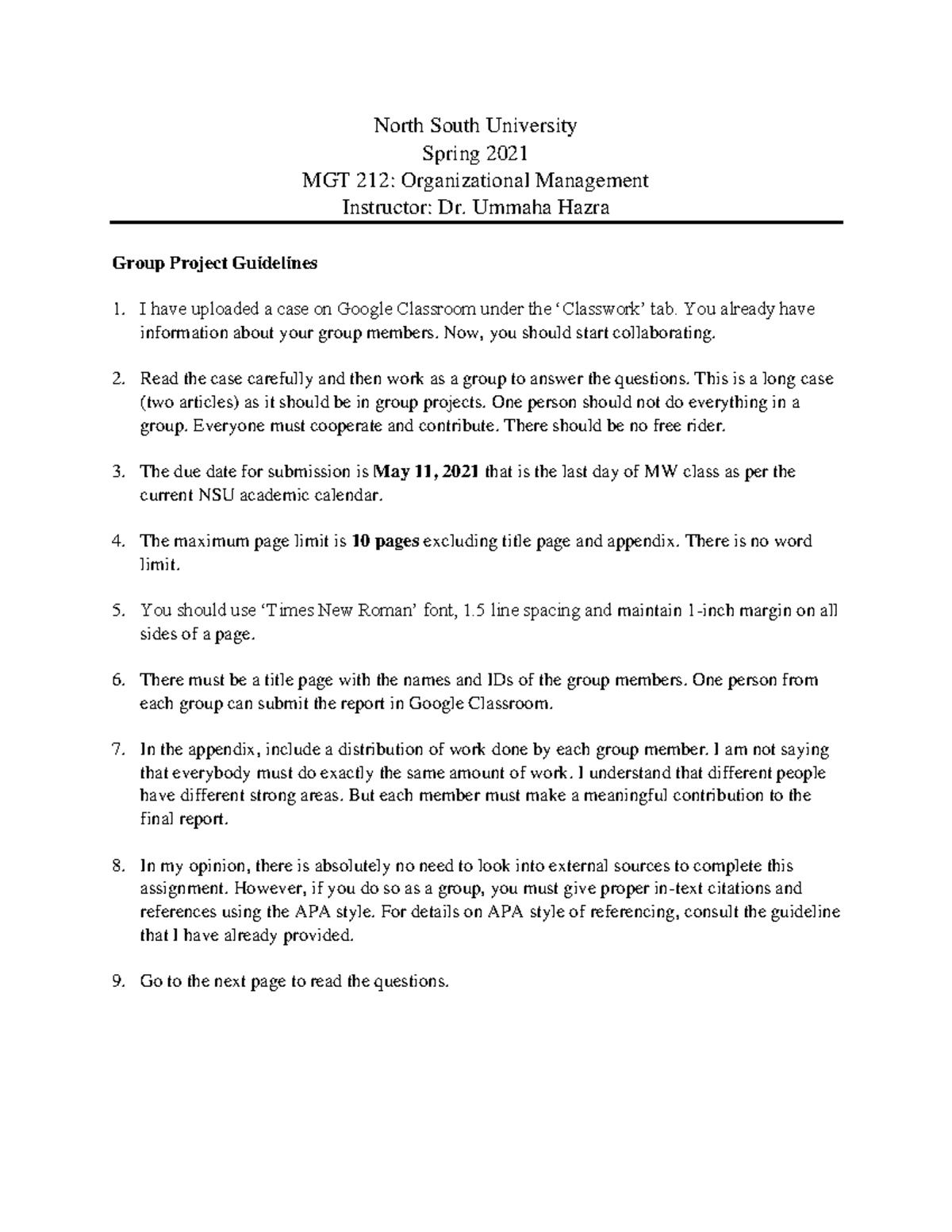 Group Project Guidelines and Questions North South University Spring