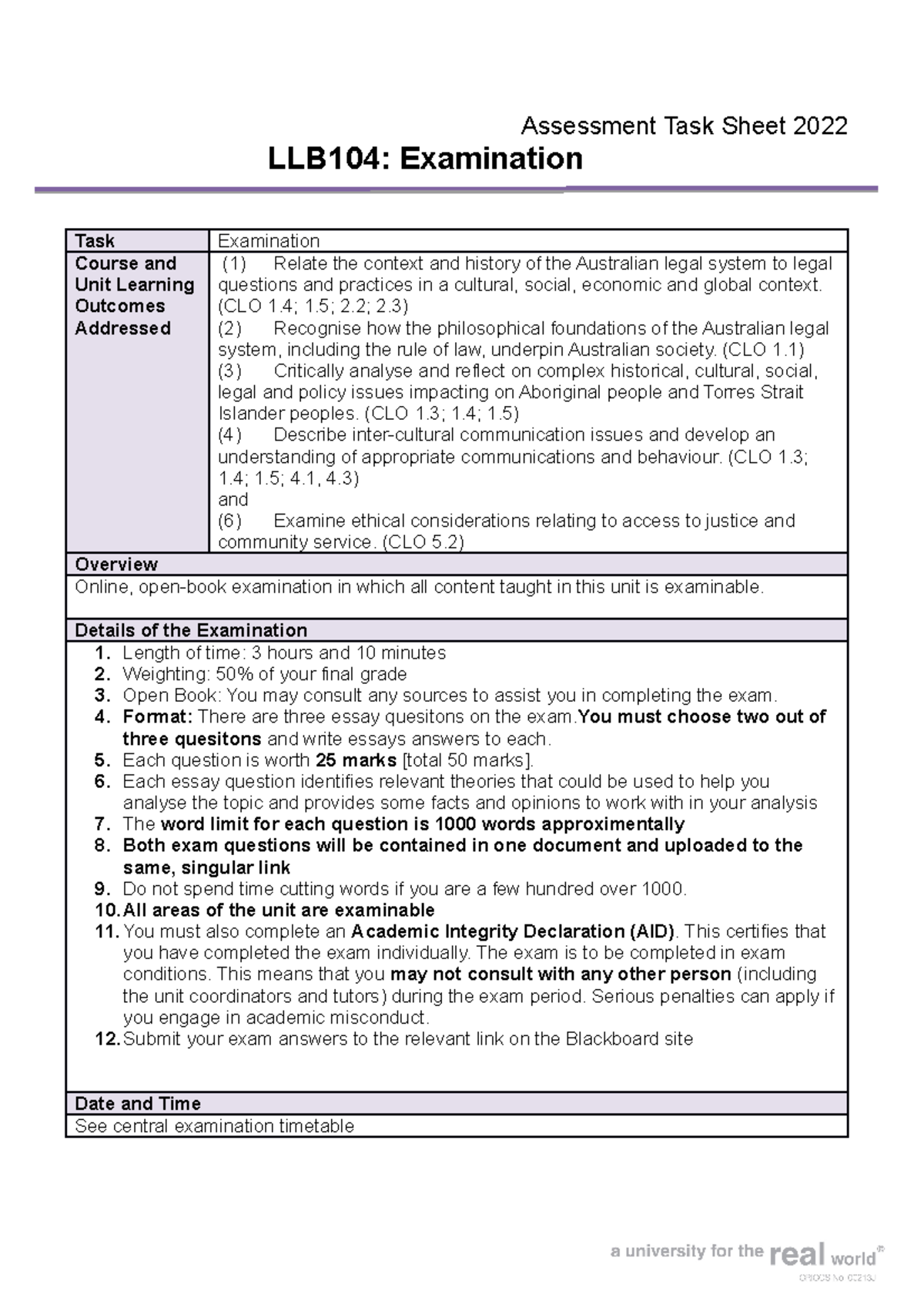 Exam - Task Sheet & CRA 2022 - Assessment Task Sheet 2022 LLB104 ...
