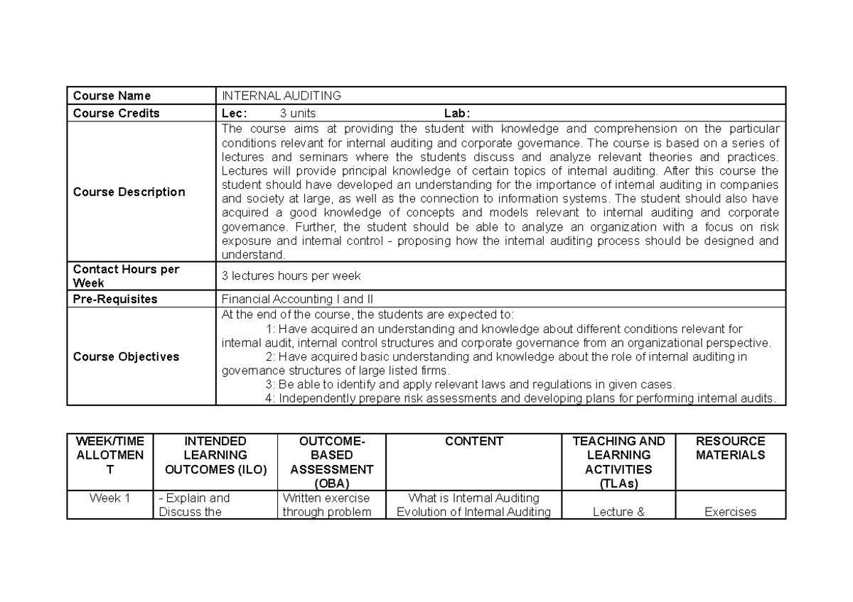 355956721 OBE Auditing Syllabus JRivera - Course Name INTERNAL AUDITING ...