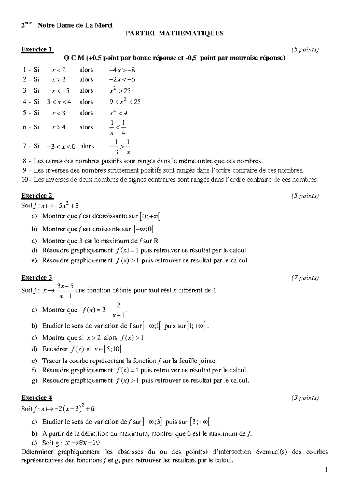 Partiel Cours 1 2 nde Notre Dame de La Merci PARTIEL MATHEMATIQUES