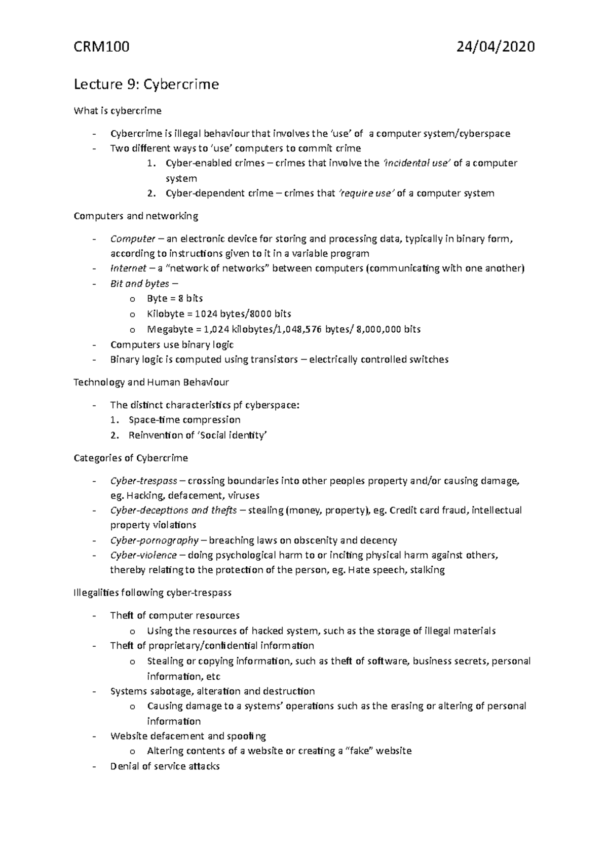 Lecture 9 Notes CRM100 - Lecture 9: Cybercrime What is cybercrime ...