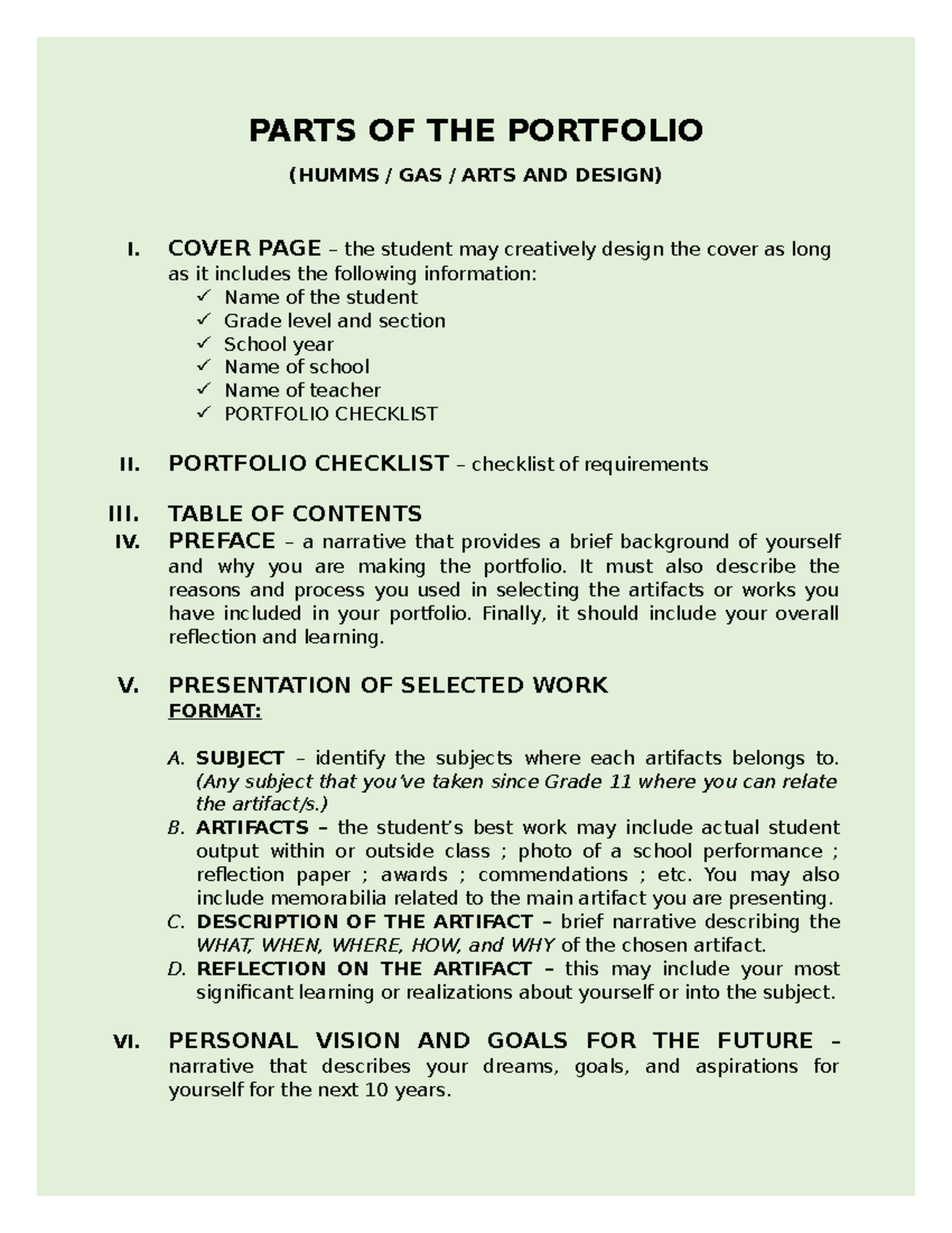 Portfolio Format HUMSS2300 BAED FORMAT ONLY PARTS OF THE PORTFOLIO
