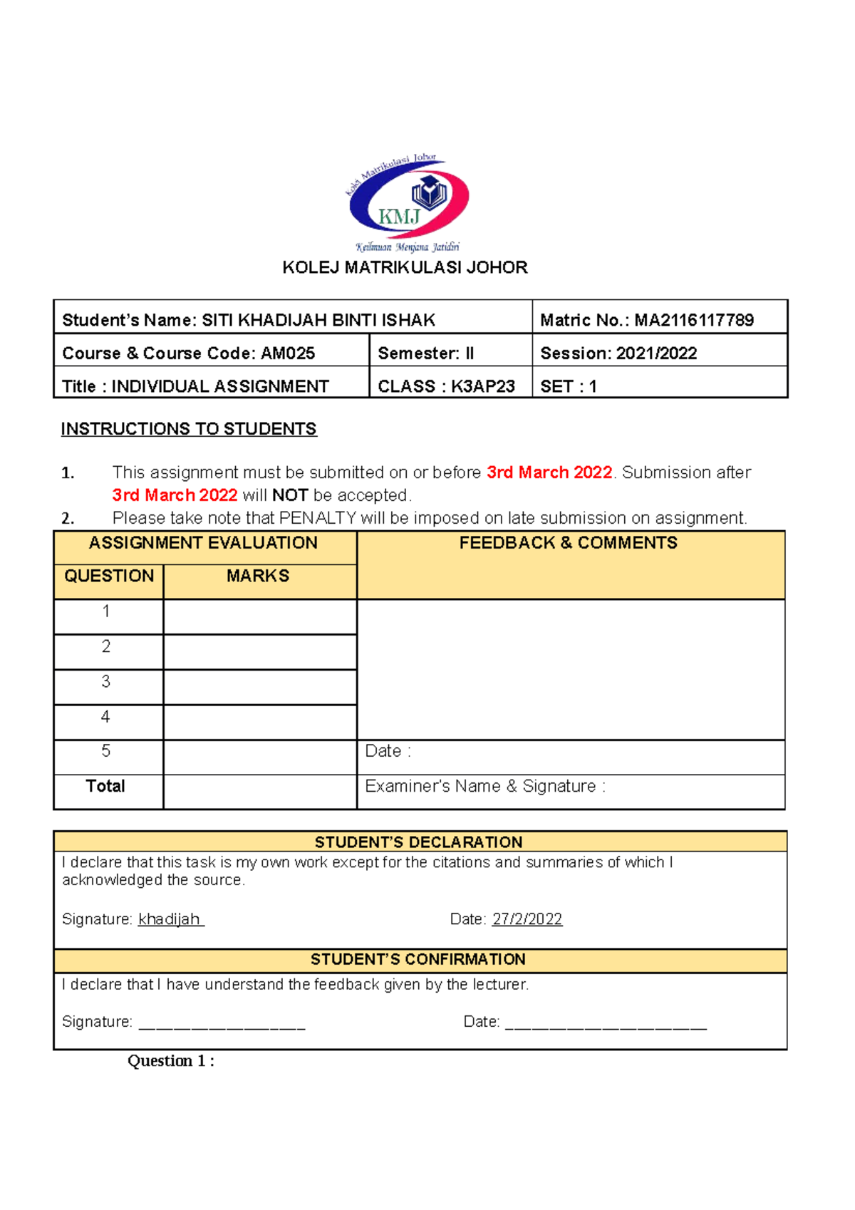 contoh assignment kimia matrikulasi