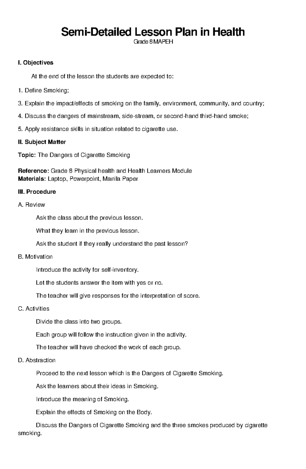 Semi Detailed Lesson Plan Cot Docx Semi Detailed Lesson Plan In