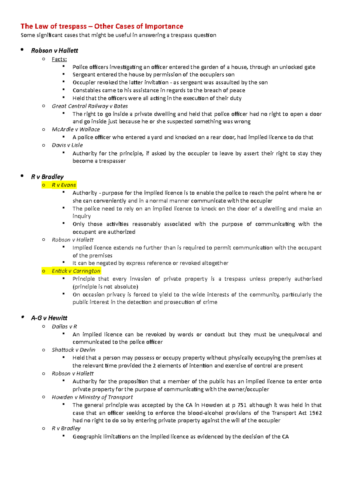 Trespass Other Cases of Importance The Law of trespass Other