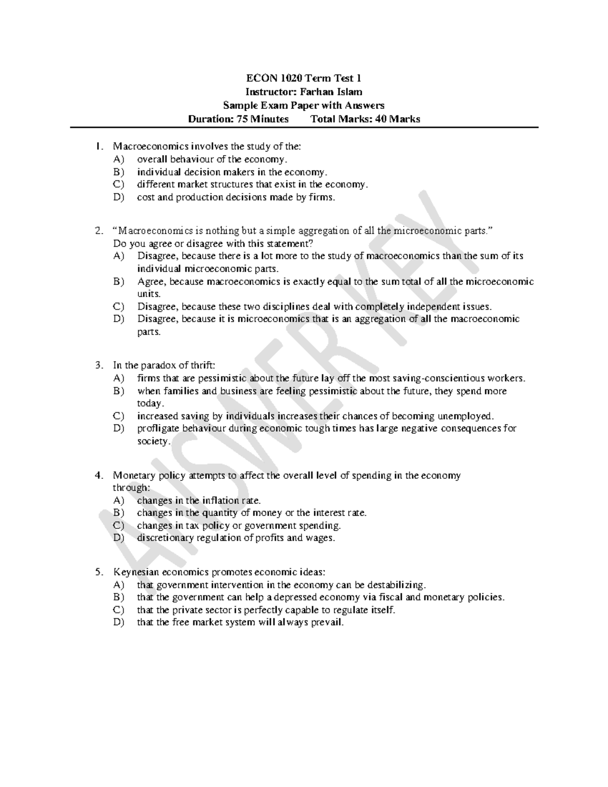 ECON 1020 Term Test 1 Sample Exam Paper with Answers - Studocu