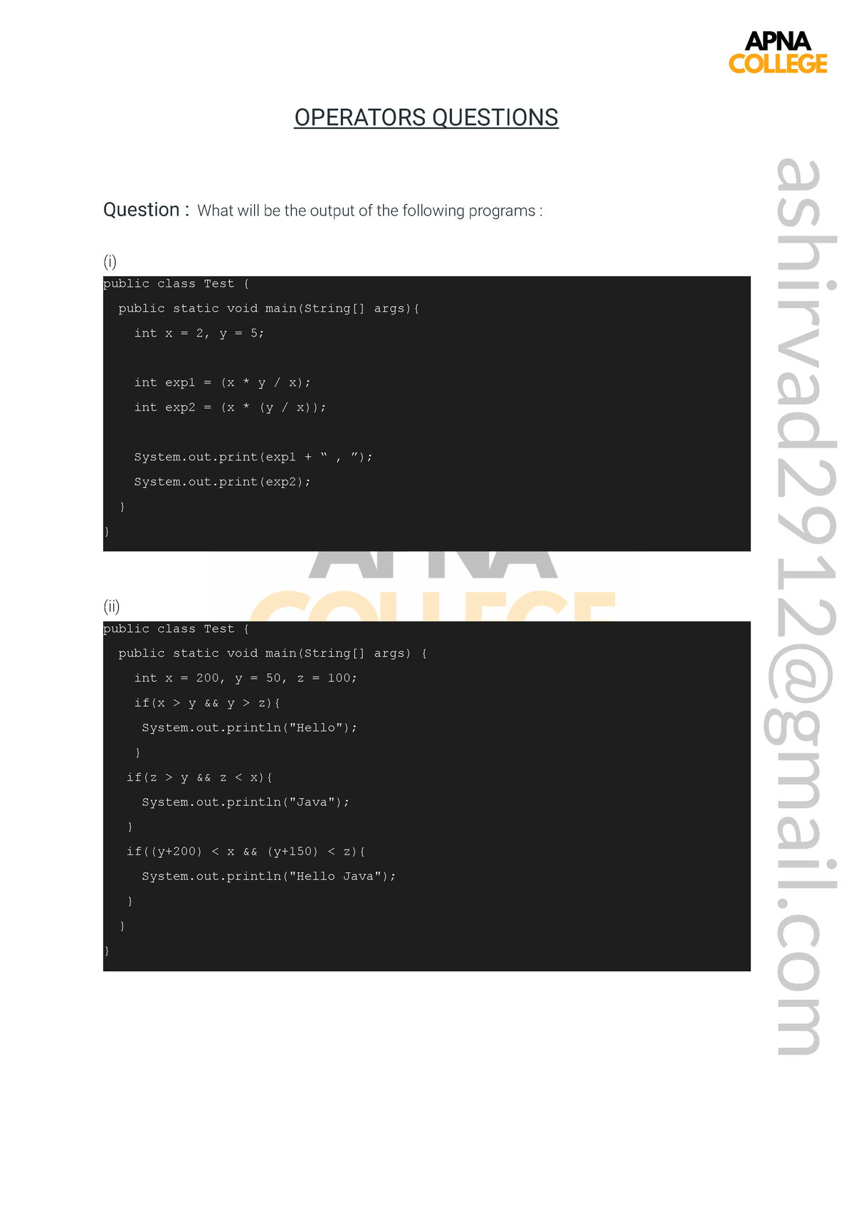 Operators Questions - OPERATORS QUESTIONS Question : What Will Be The ...