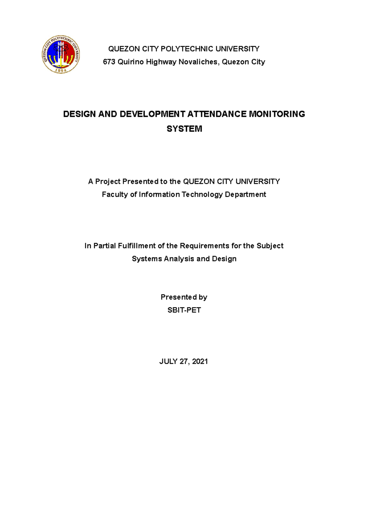 Attendance Monitoring System - QUEZON CITY POLYTECHNIC UNIVERSITY 673 ...