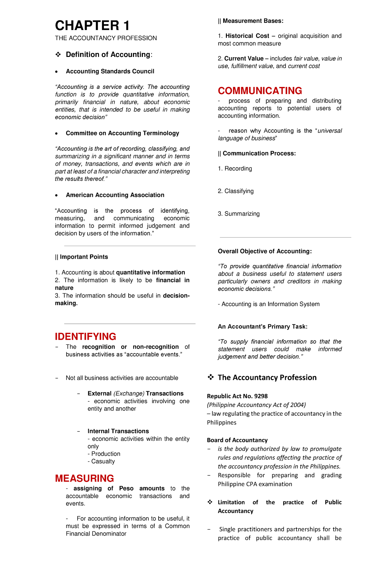 CFAS Chapter 1-10 - CFAS Quicknotes - CHAPTER 1 THE ACCOUNTANCY ...