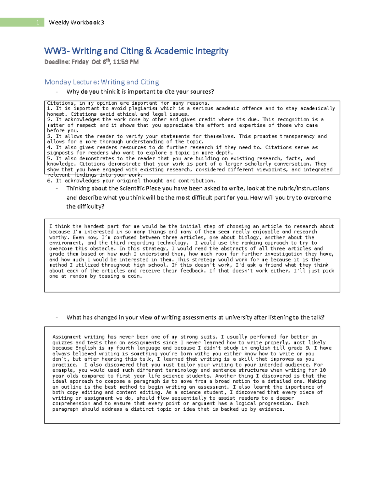 WW3 - weekly workbook - WW 3 - Writing and Citing & Academic Integrity ...