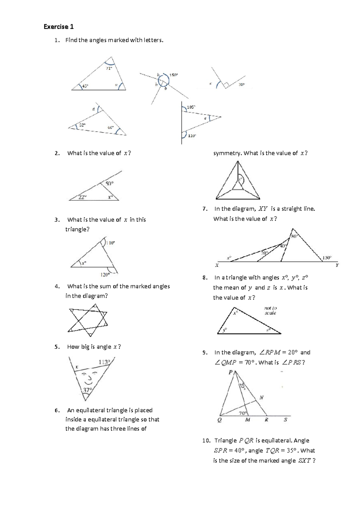 1, 2 Angles exercise 1 and 2 - Exercise 1 Find the angles marked with ...