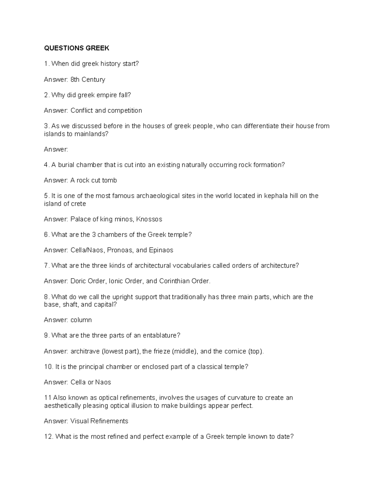Questions Greek - history of architecture - QUESTIONS GREEK When did ...