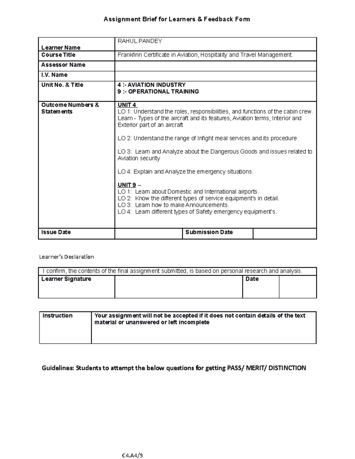 Aviation Assignment Written - Assignment Brief for Learners & Feedback ...