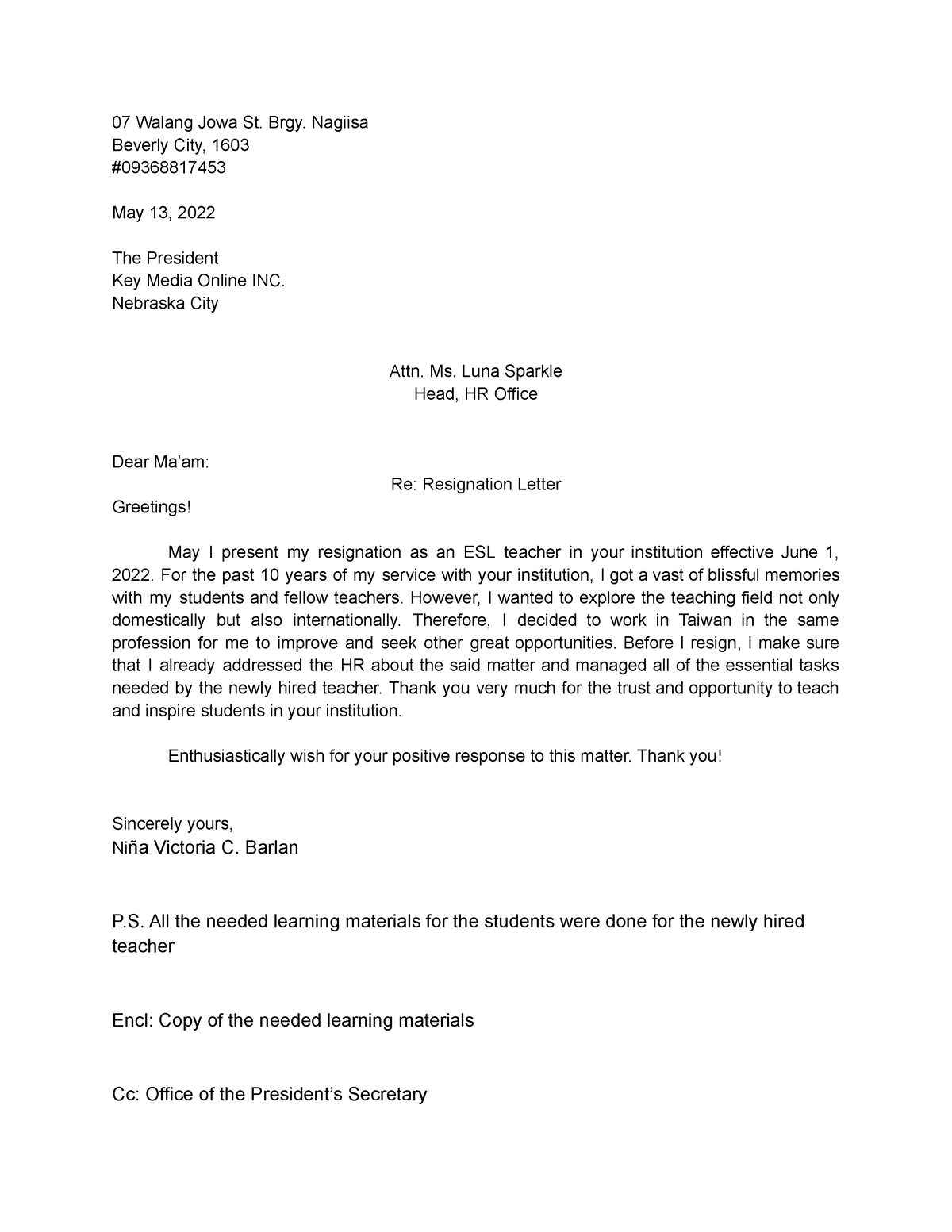 Resignation Letter - 07 Walang Jowa St. Brgy. Nagiisa Beverly City ...
